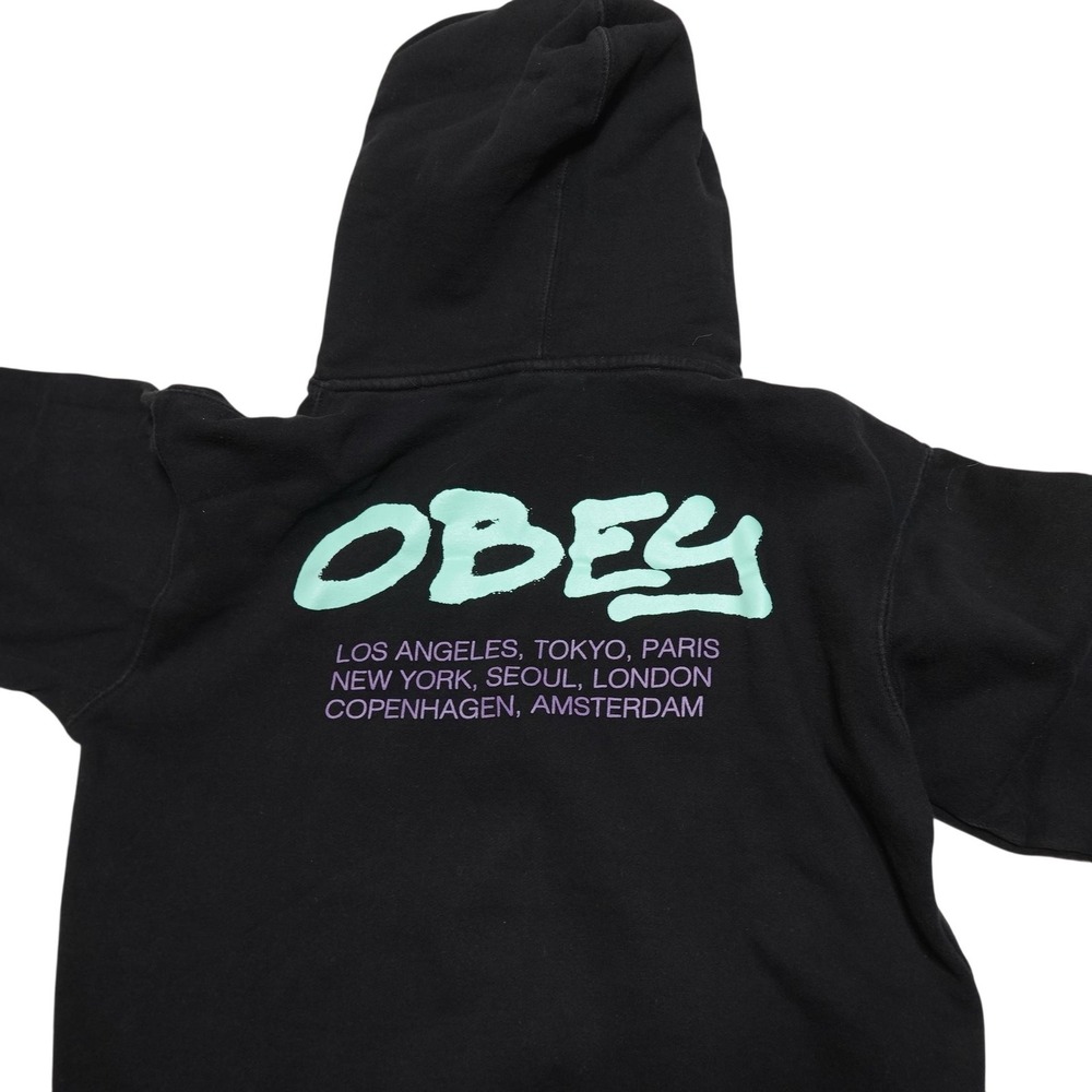 OBEY Hoodie Sweatshirt Mens Small Black Worldwide Cities Back Graphic Pullover
